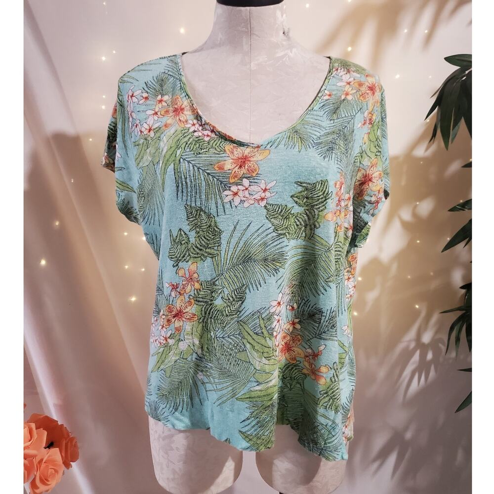 J Jill Love Linen Tropical Floral V-Neck Top Womens Size XLP Hawaiian Beach